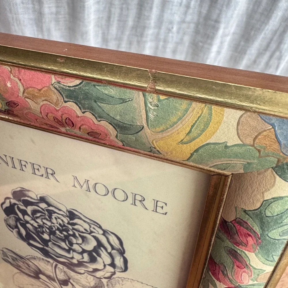Vintage 90s Frame 5x7 Floral Painted Wood Gold Trim Jennifer Moore Tabletop